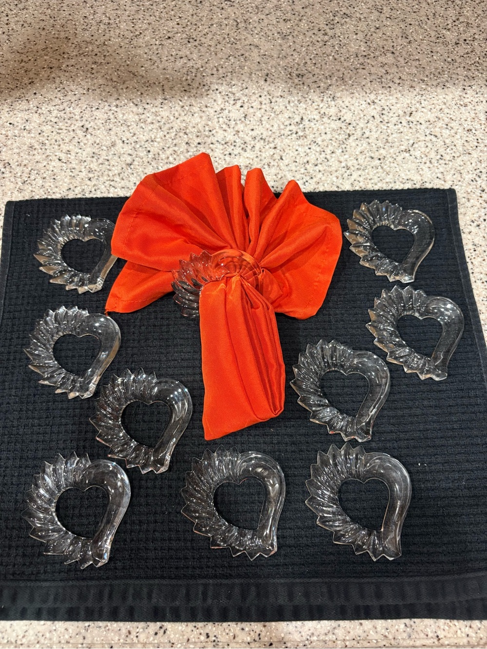 Gorham Clear Glass Heart Napkin Rings with Orange Cloth Accent